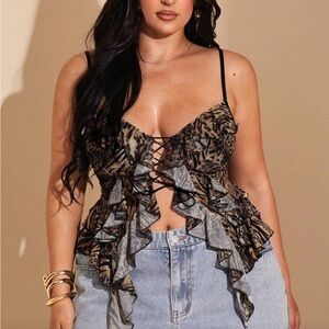 SHEIN Leopard Lace-Up Ruffle Blouse